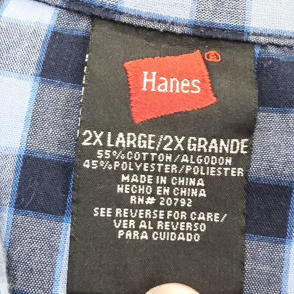 Hanes Pajama Set‎ Mens 2XL Blue Black Check Button Front Sleepwear Lounge Casual